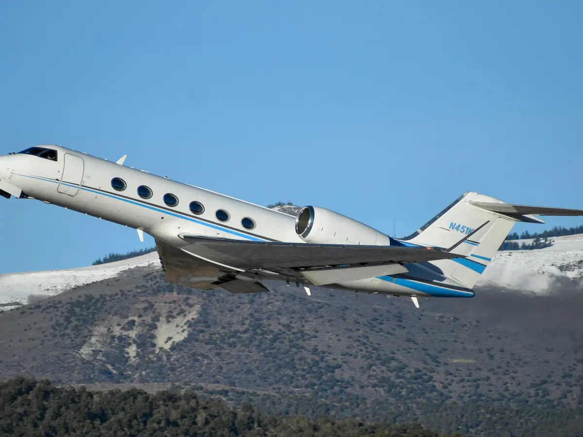 Long-range jet flying over snowy mountains