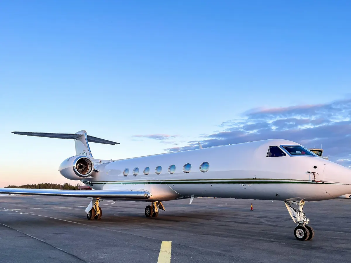 Business jet seen nose-on under a pink evening sky