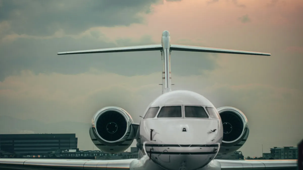 Business jet facing the camera at dusk