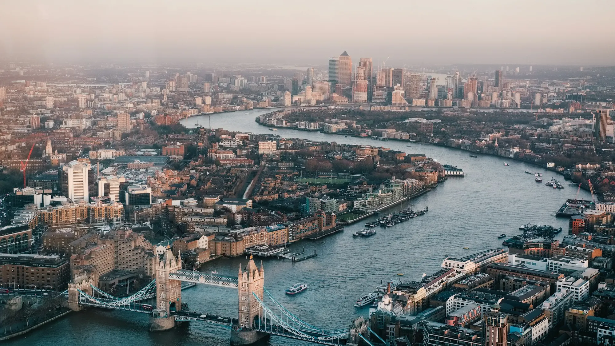 City and river from the air at dusk